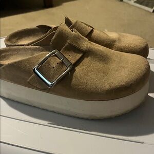 Tan Suede Platform Clogs with Buckle
